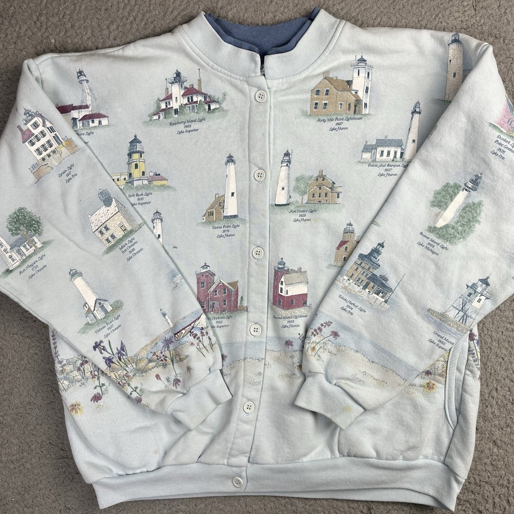 Artisans Sunschein Designs Michigan Lighthouse Cardigan USA 90s All Over Design‎
